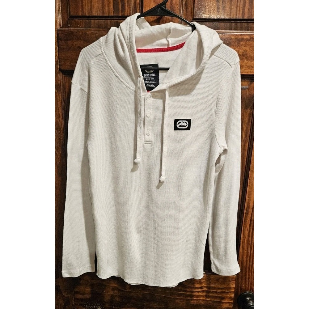 Ecko Unltd Hooded Waffle Knit Long Sleeve Shirt Mens Small White Henley Hoodie